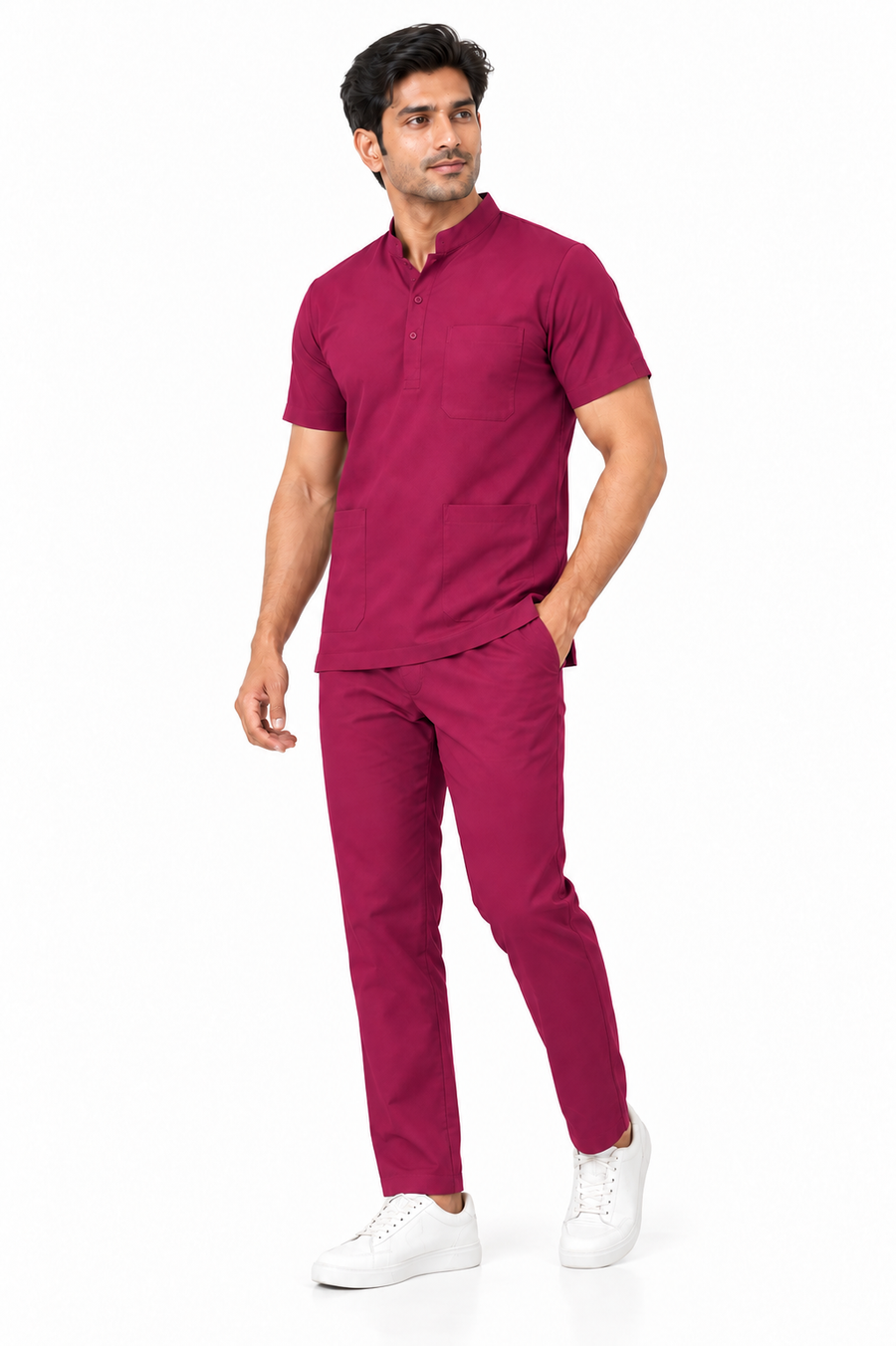 Cura Core Men's Mandarin Neck Scrub - Maroon