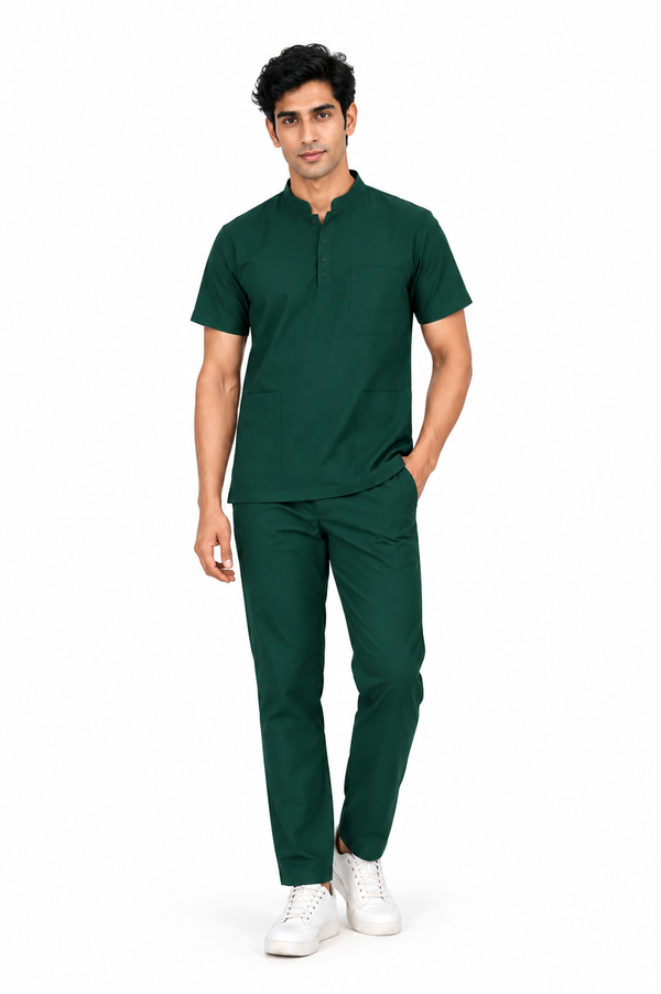 Cura Core Men's Mandarin Neck Scrub -Dark Green