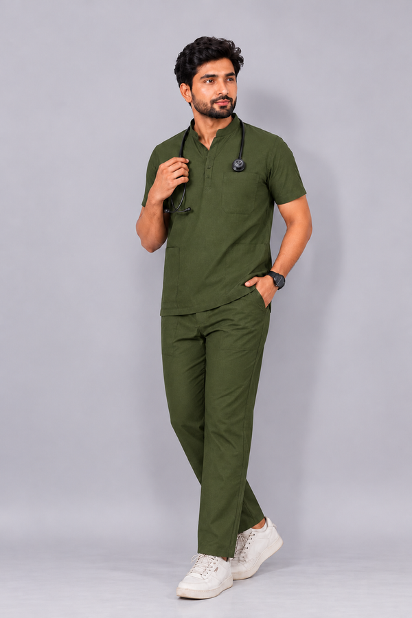 Cura Core Men’s Mandarin Neck Scrub - Olive Green