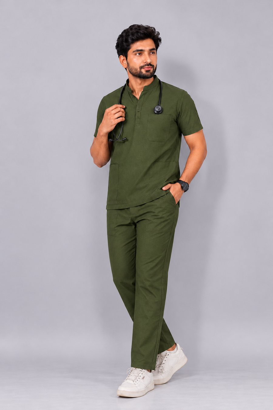Cura Core Men’s Mandarin Neck Scrub - Olive Green