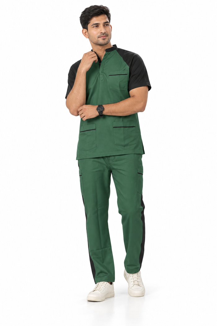 Cura Pro Men’s Mandarin Neck(2-Way Stretch) Scrub- Black Green