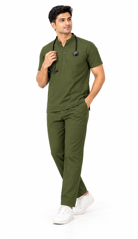 Cura Core Men’s Mandarin Neck Scrub - Olive Green