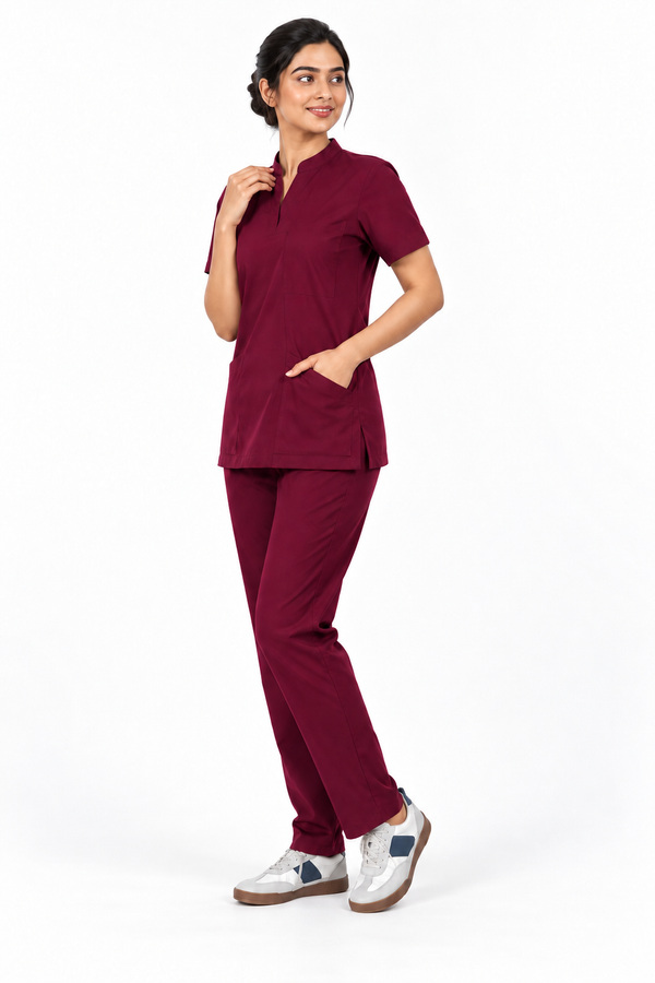 Cura Core Women's  Mandarin Neck Scrub -Maroon
