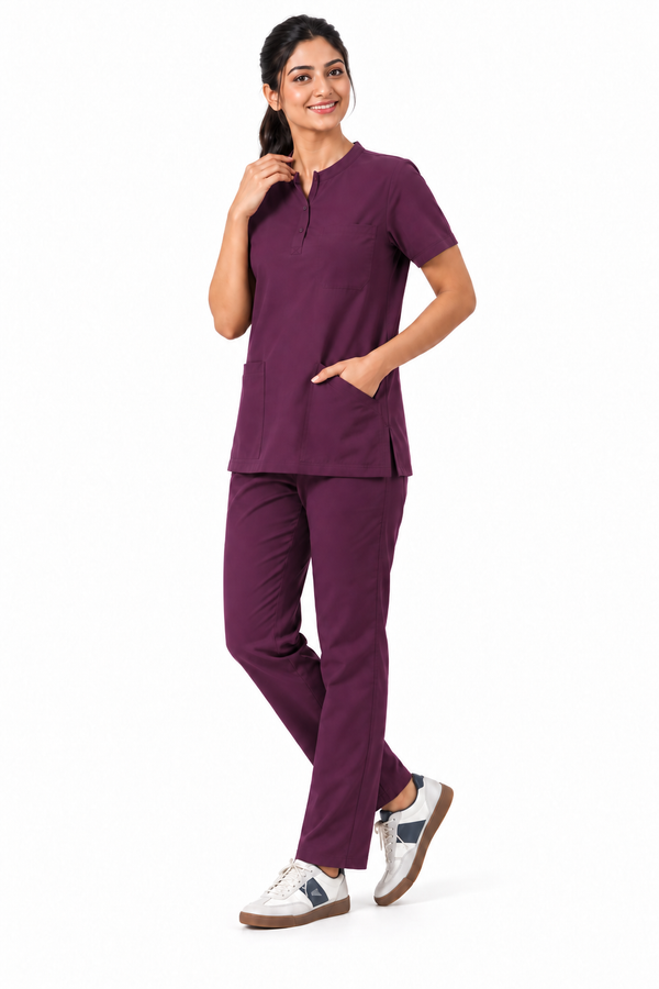 Cura Pro Women's  Mandarin Neck(2-Way Stretch) Scrub- Dark Wine