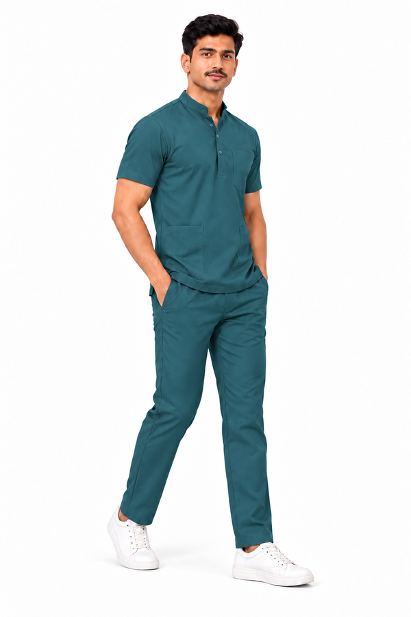 Cura Core Men's Mandarin Neck Scrub - Bottle Green