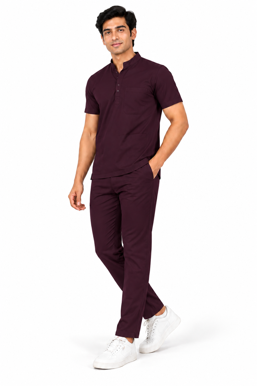 Cura Pro Men’s Mandarin Neck(2-Way Stretch) Scrub - Dark Wine