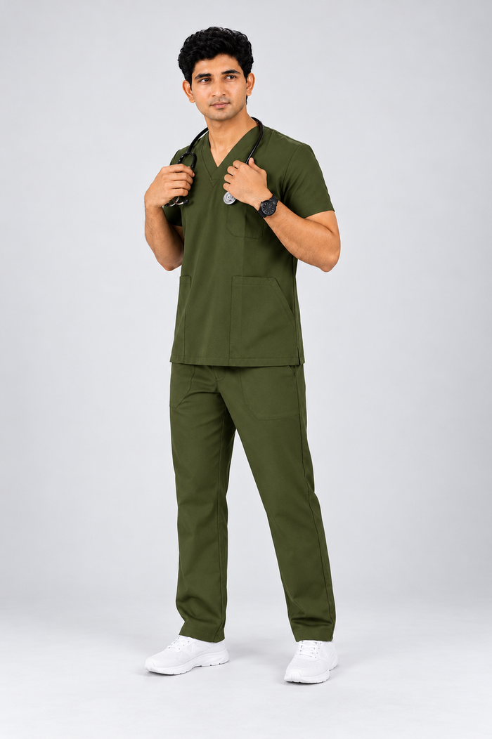 Cura Core Men's V- Neck Scrub - Olive Green