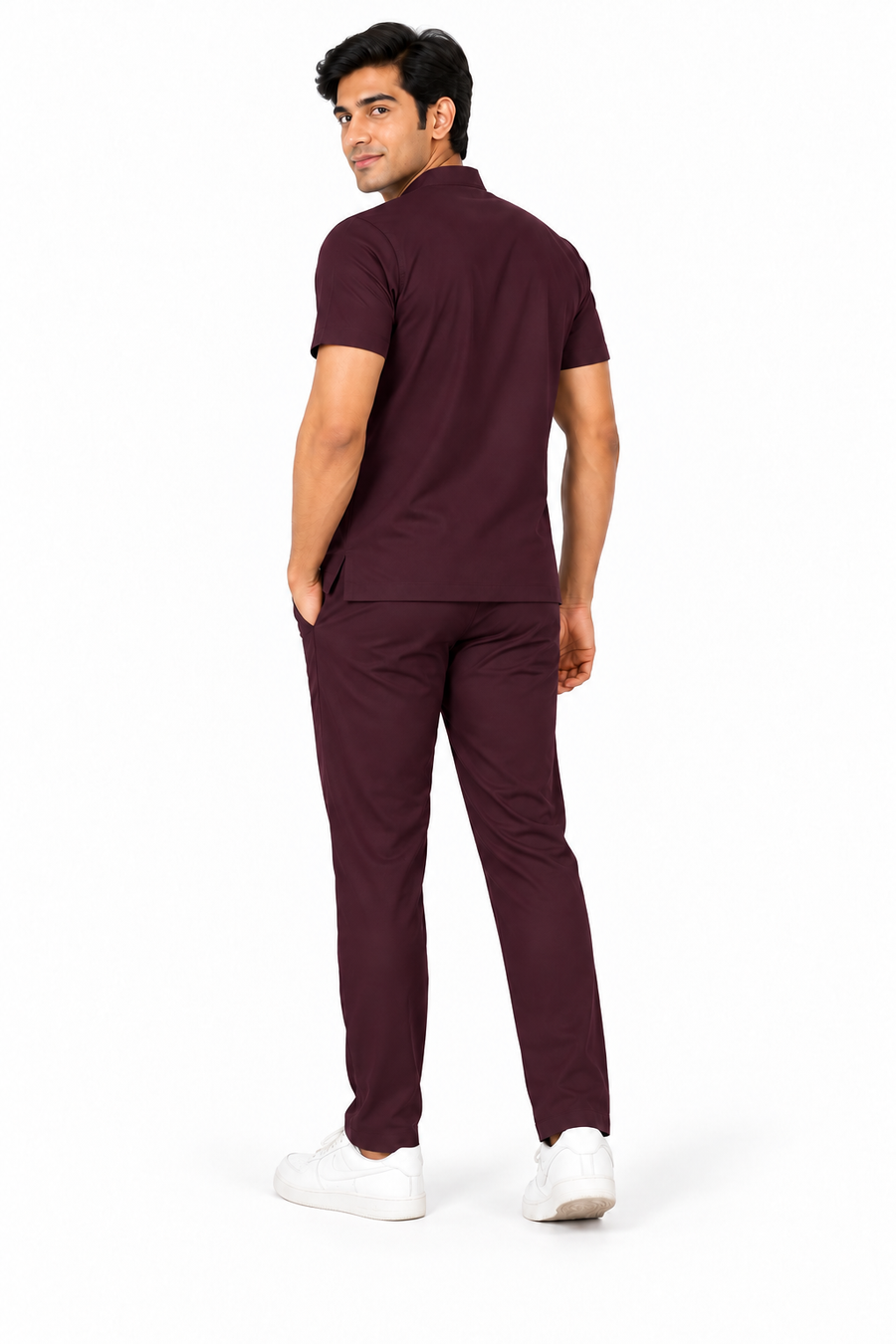 Cura Pro Men’s Mandarin Neck(2-Way Stretch) Scrub - Dark Wine