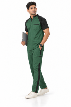 Cura Pro Men’s Mandarin Neck(2-Way Stretch) Scrub- Black Green