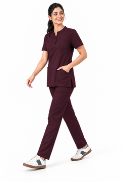 Cura Pro Women's Mandarin Neck(2-Way Stretch) Scrub - Dark Wine