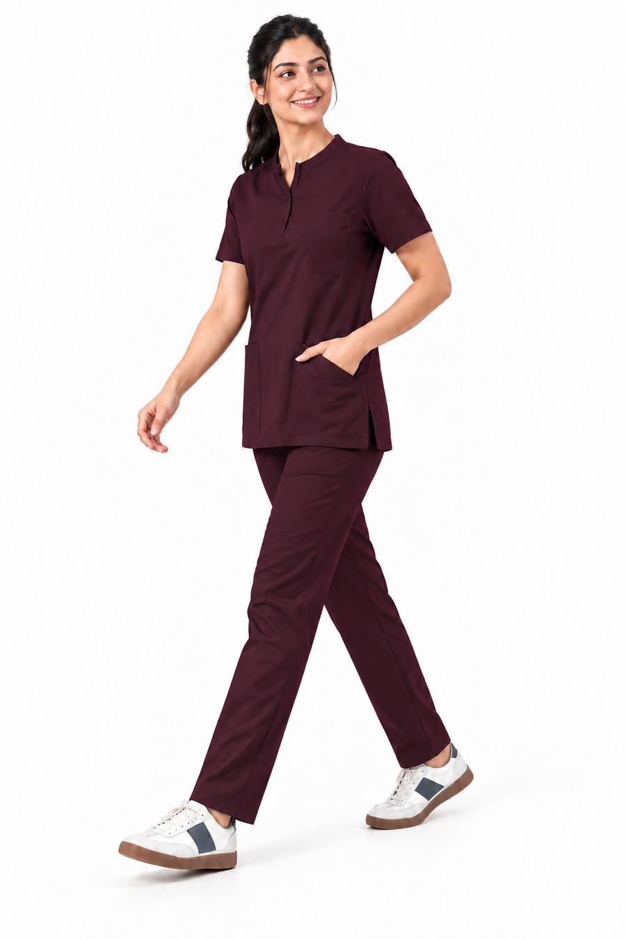 Cura Pro Women's Mandarin Neck(2-Way Stretch) Scrub - Dark Wine