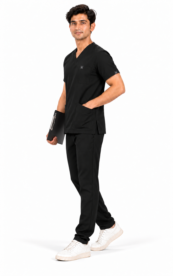 Cura Core Men's V- Neck Scrub - Black