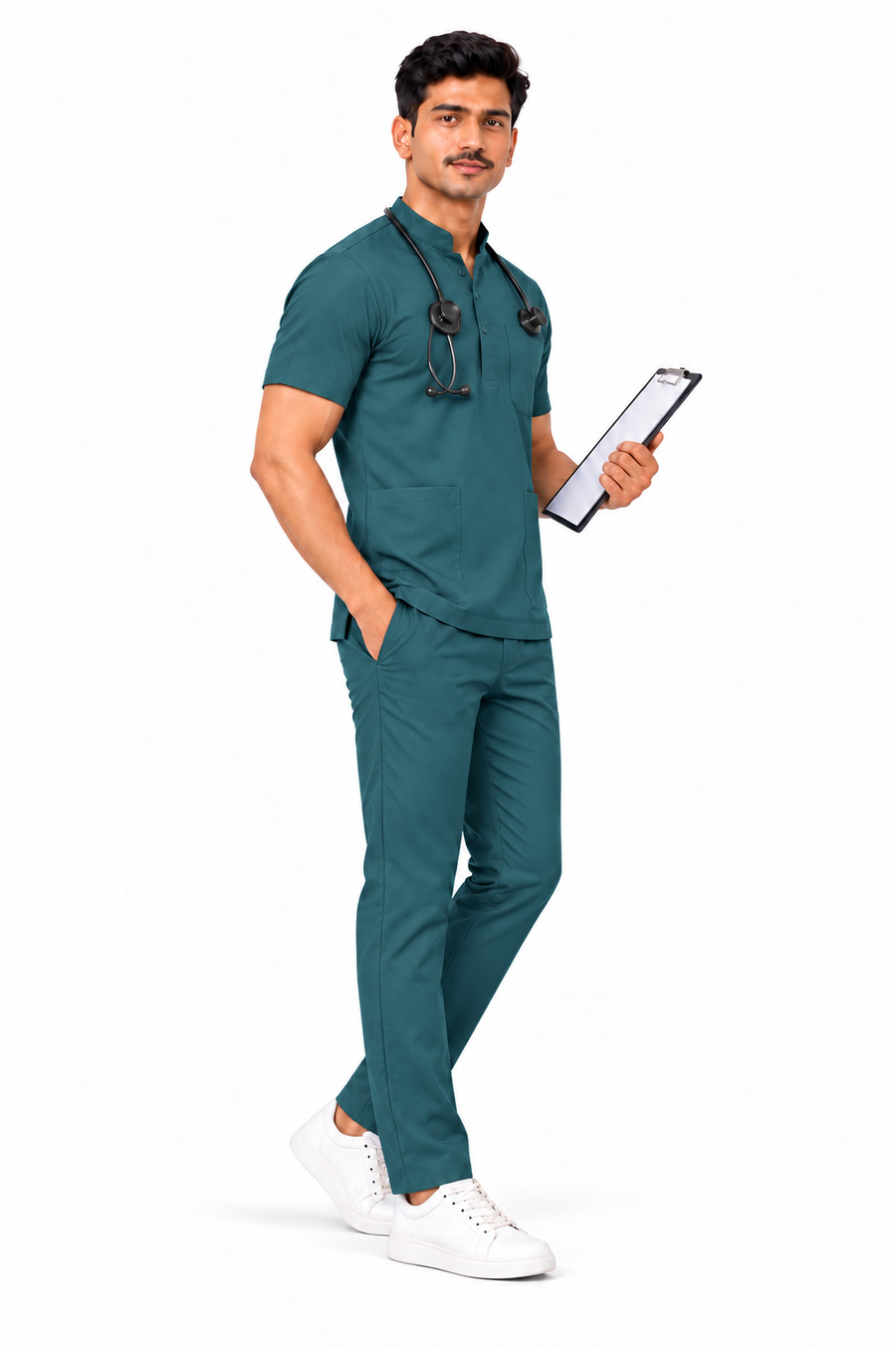 Cura Core Men's Mandarin Neck Scrub - Bottle Green