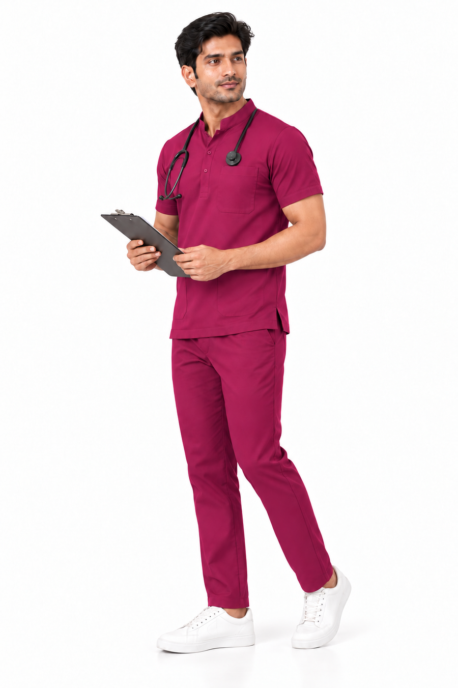 Cura Core Men's Mandarin Neck Scrub - Maroon