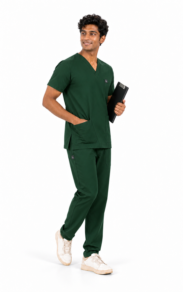Cura Core Men's V- Neck Scrub - Dark Green