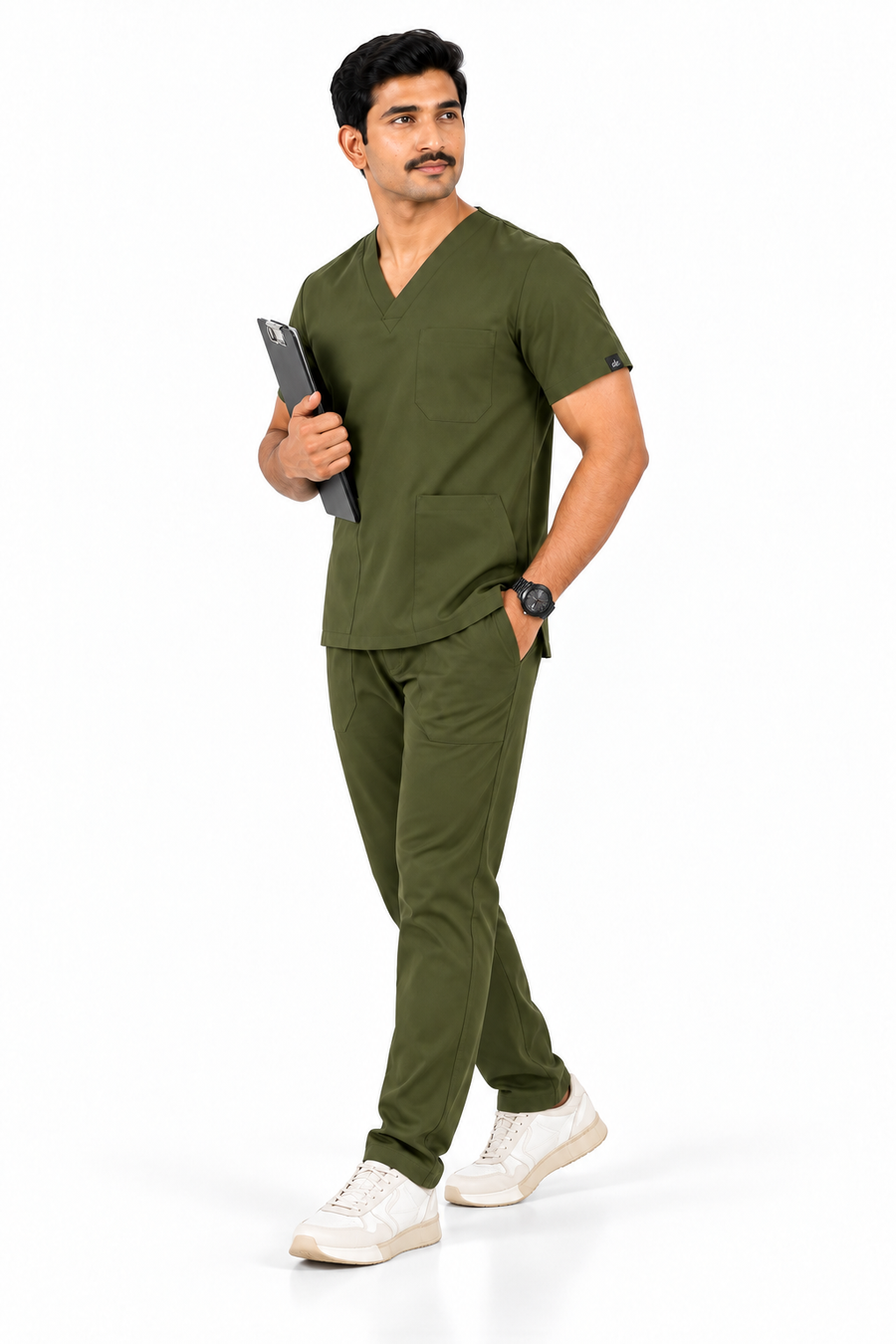 Cura Core Men's V- Neck Scrub - Olive Green