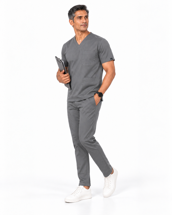 Cura Core Men's V- Neck Scrub -Gray