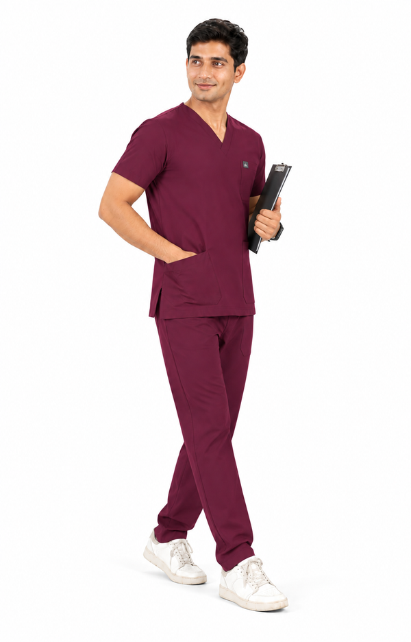 Cura Core Men's V- Neck Scrub -Maroon