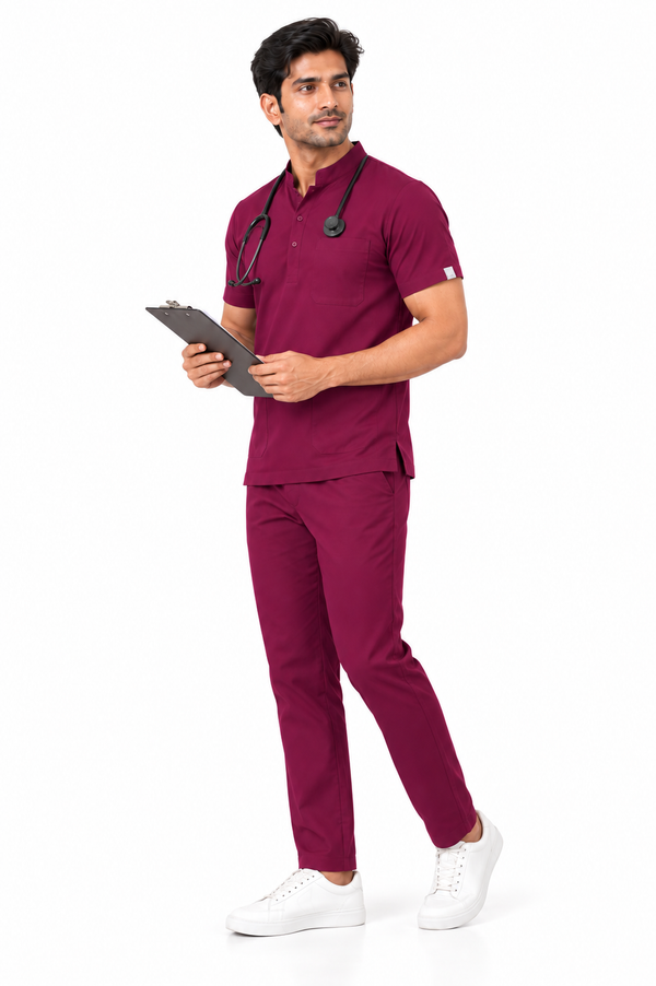Cura Core Men's Mandarin Neck Scrub - Maroon