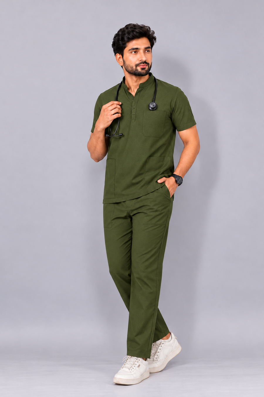 Cura Core Men’s Mandarin Neck Scrub - Olive Green