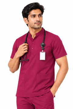 Cura Core Men's Mandarin Neck Scrub - Maroon