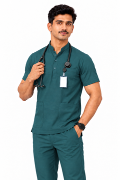 Cura Core Men's Mandarin Neck Scrub - Bottle Green