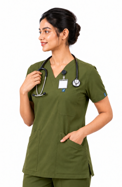 Cura Core Women's V- Neck Scrub - Olive Green