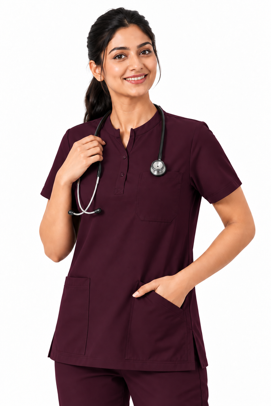 Cura Pro Women's Mandarin Neck(2-Way Stretch) Scrub - Dark Wine