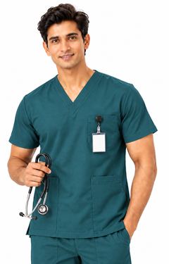 Cura Core Men's V- Neck Scrub - Bottle Green