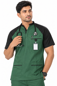 Cura Pro Men’s Mandarin Neck(2-Way Stretch) Scrub- Black Green
