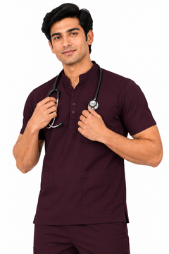 Cura Pro Men’s Mandarin Neck(2-Way Stretch) Scrub - Dark Wine
