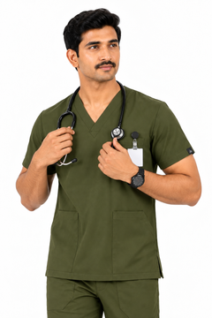 Cura Core Men's V- Neck Scrub - Olive Green