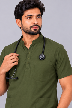 Cura Core Men’s Mandarin Neck Scrub - Olive Green