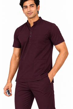 Cura Pro Men’s Mandarin Neck(2-Way Stretch) Scrub - Dark Wine