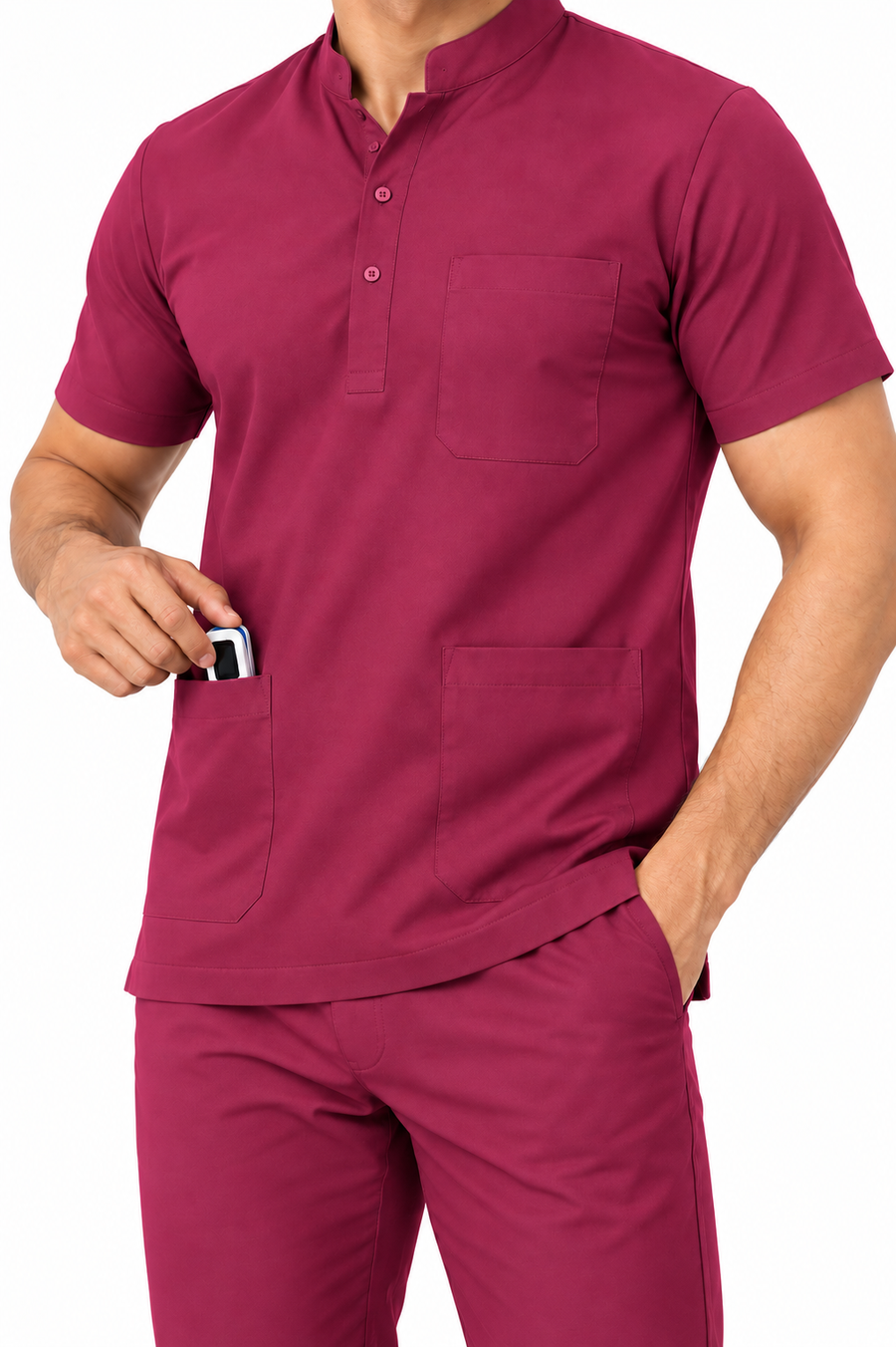Cura Core Men's Mandarin Neck Scrub - Maroon
