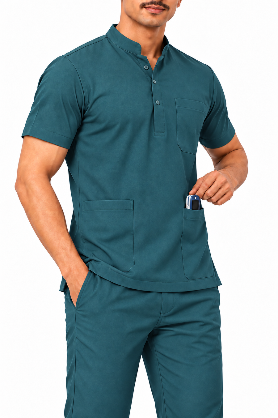 Cura Core Men's Mandarin Neck Scrub - Bottle Green