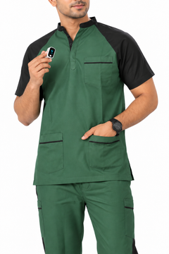 Cura Pro Men’s Mandarin Neck(2-Way Stretch) Scrub- Black Green