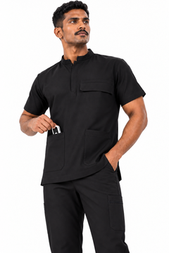 Cura Pro Men’s Mandarin Neck(2-Way Stretch) Scrub Black