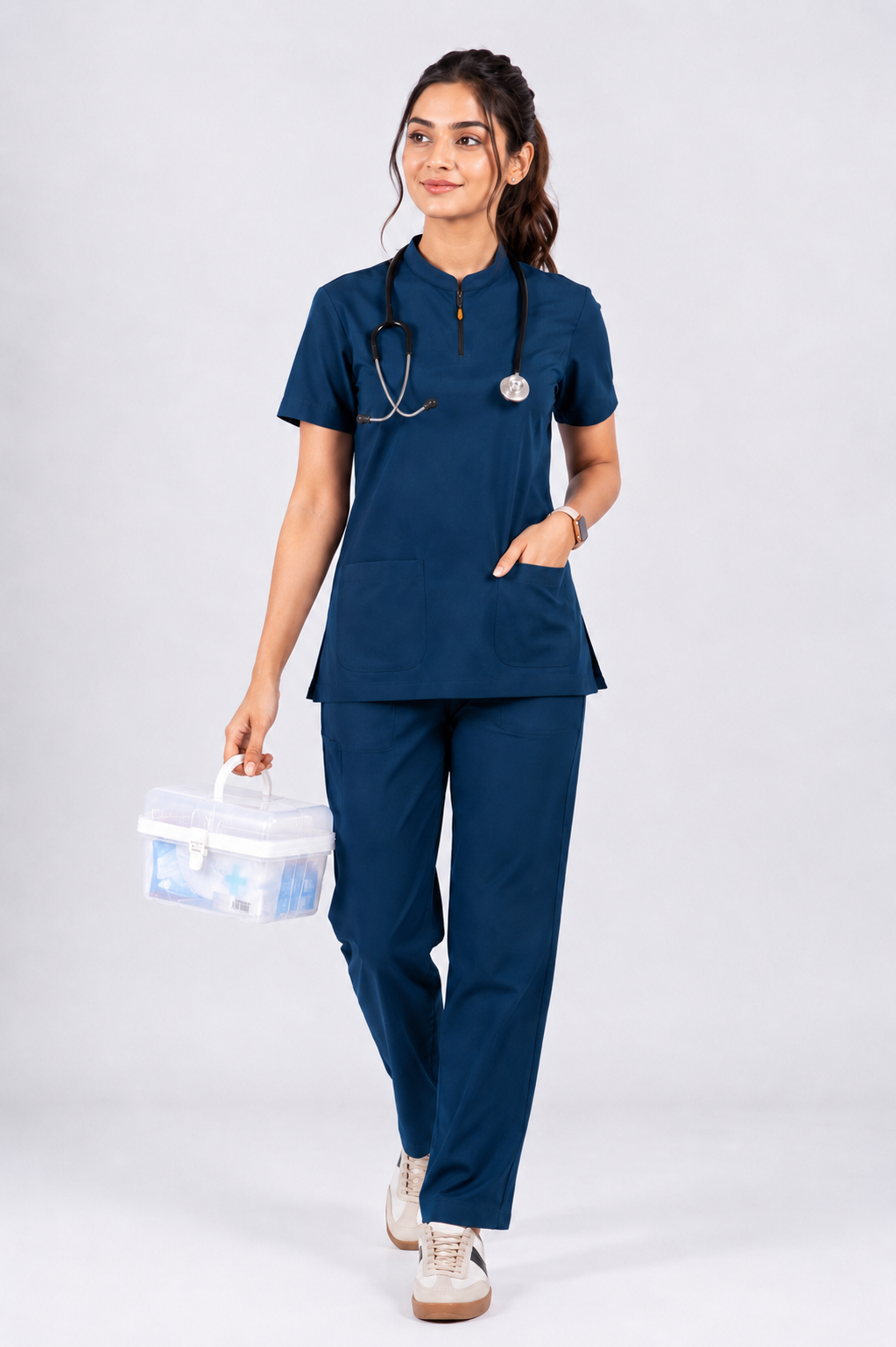 Person wearing a navy blue medical scrub set with a stethoscope, holding a medical bag on a white background
