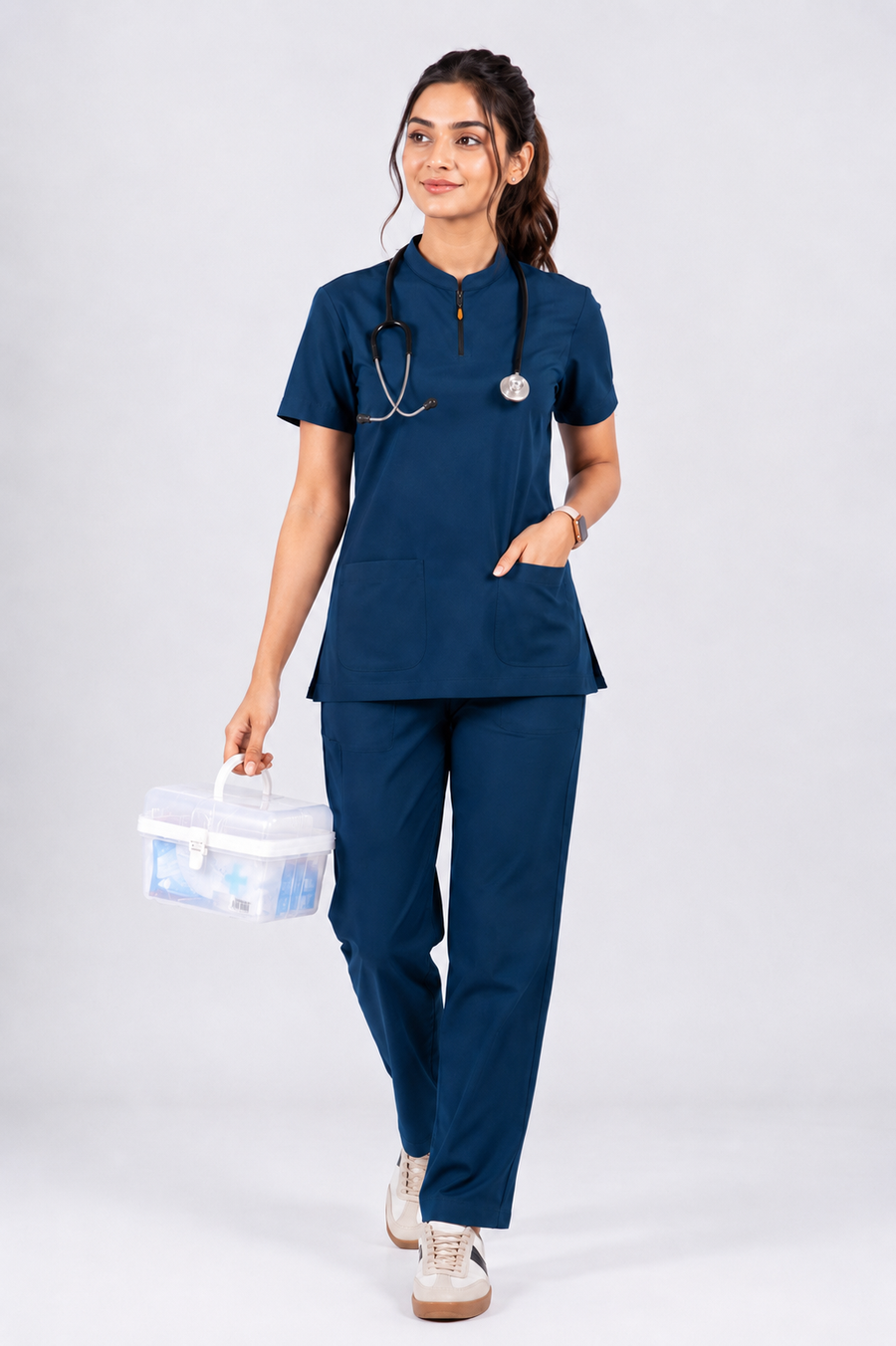 Person wearing a navy blue medical scrub set with a stethoscope, holding a medical bag on a white background