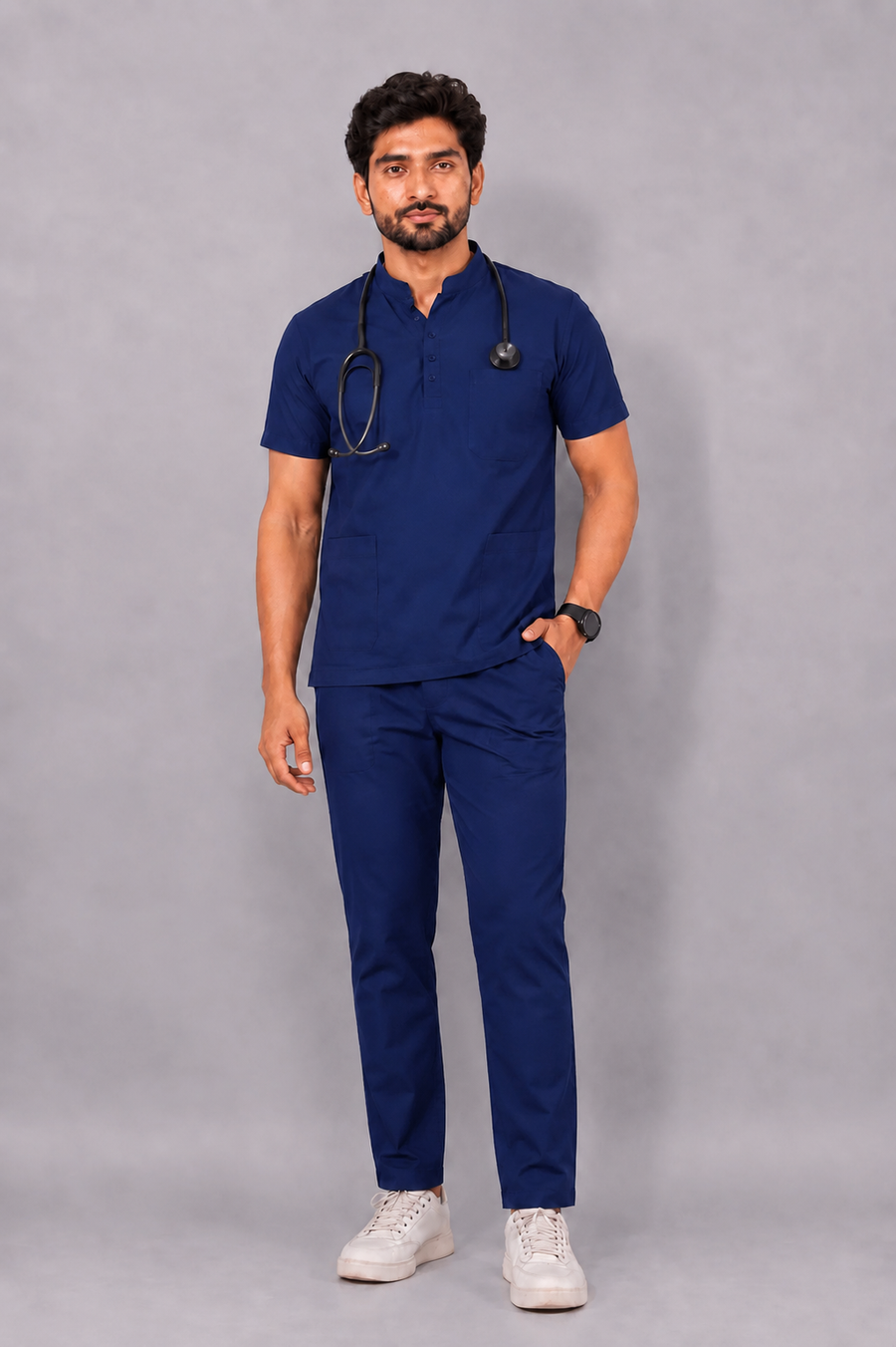 Cura Core Men's Mandarin Neck Scrub - Royal Dark Blue