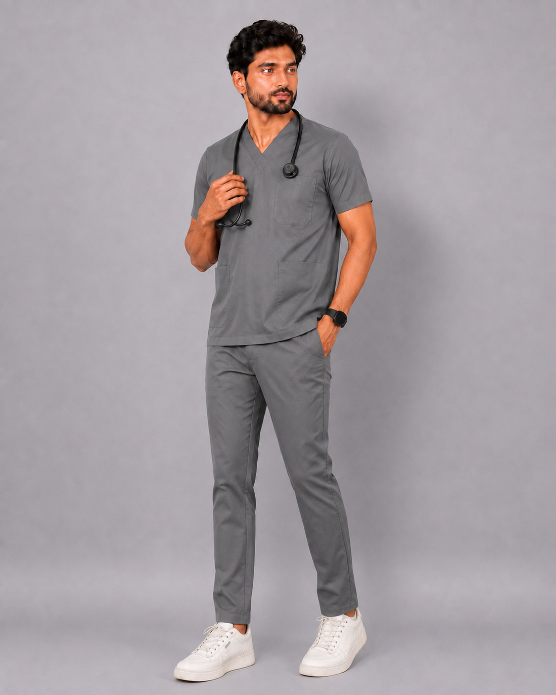 Cura Core Men's V- Neck Scrub -Gray