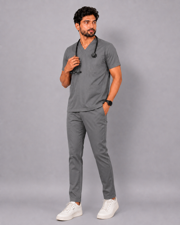 Cura Core Men's V- Neck Scrub -Gray