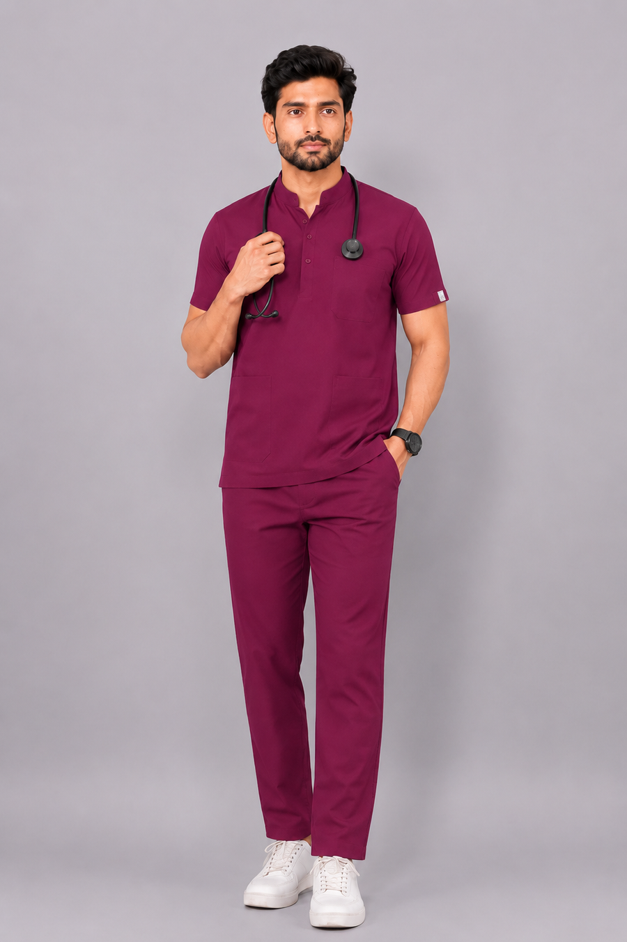 Cura Core Men's Mandarin Neck Scrub - Maroon