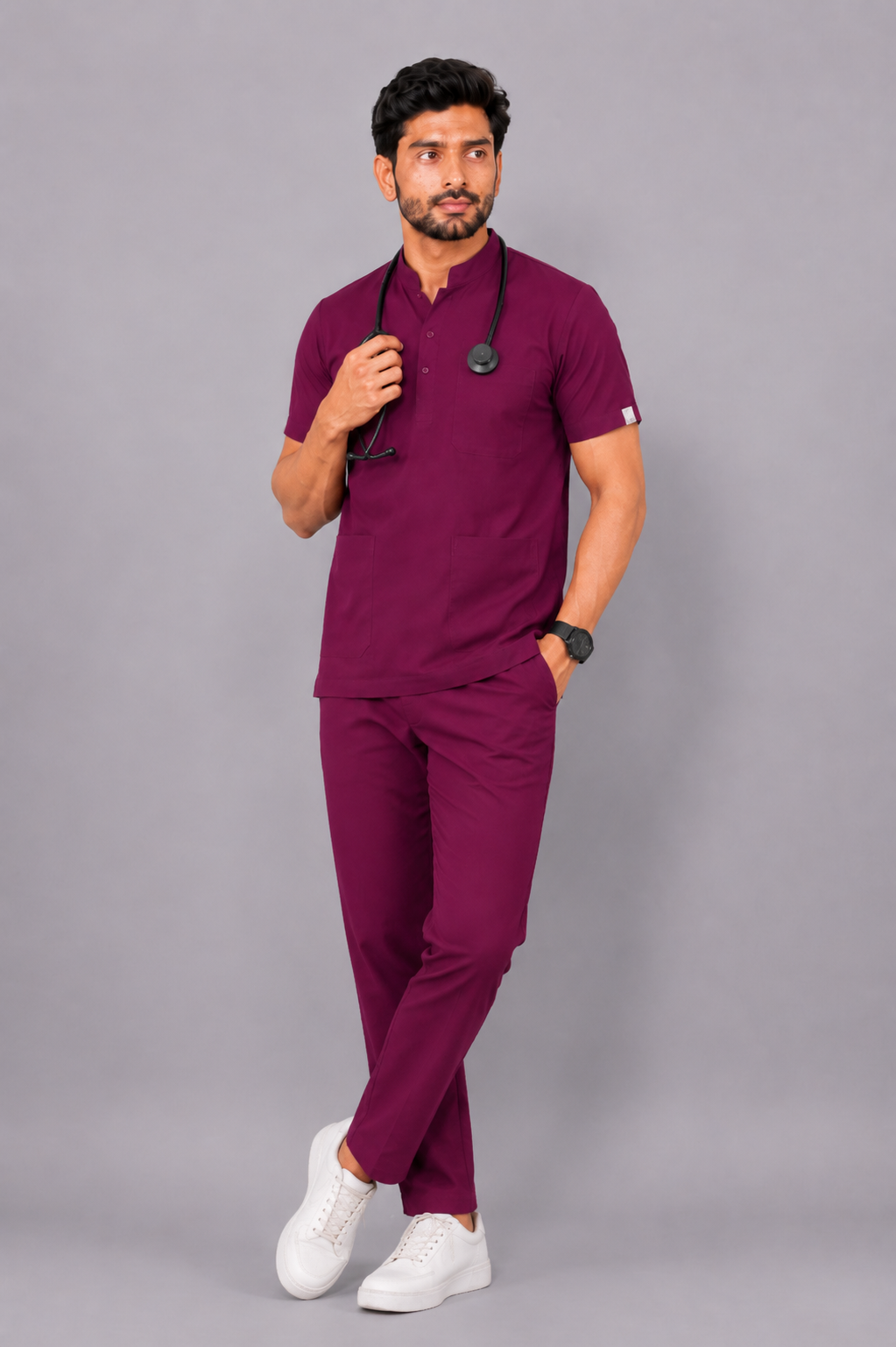 Cura Core Men's Mandarin Neck Scrub - Maroon