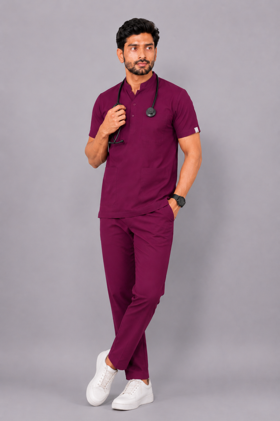Cura Core Men's Mandarin Neck Scrub - Maroon