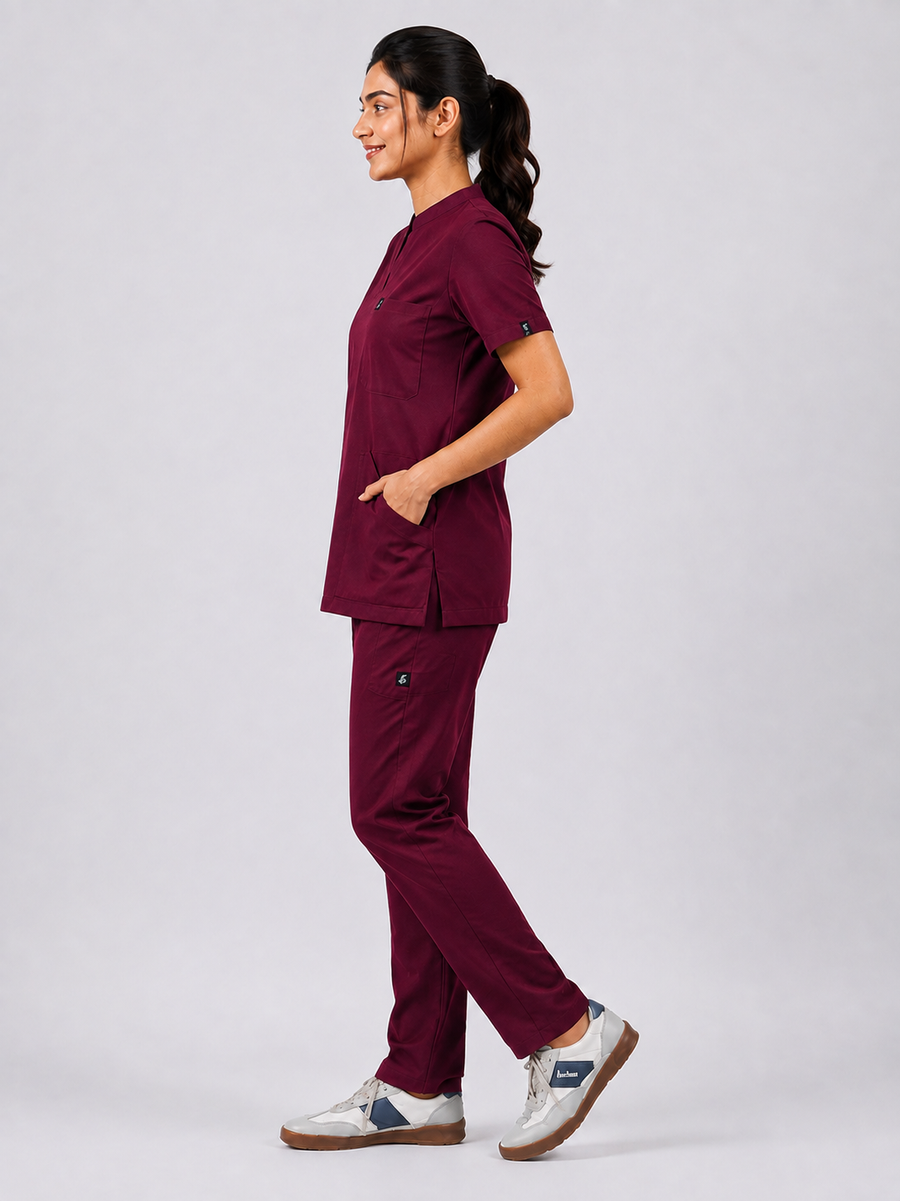 Cura Core Women's  Mandarin Neck Scrub -Maroon