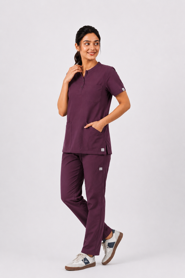 Cura Pro Women's  Mandarin Neck(2-Way Stretch) Scrub- Dark Wine