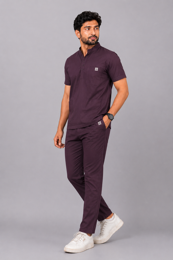 Cura Pro Men’s Mandarin Neck(2-Way Stretch) Scrub - Dark Wine