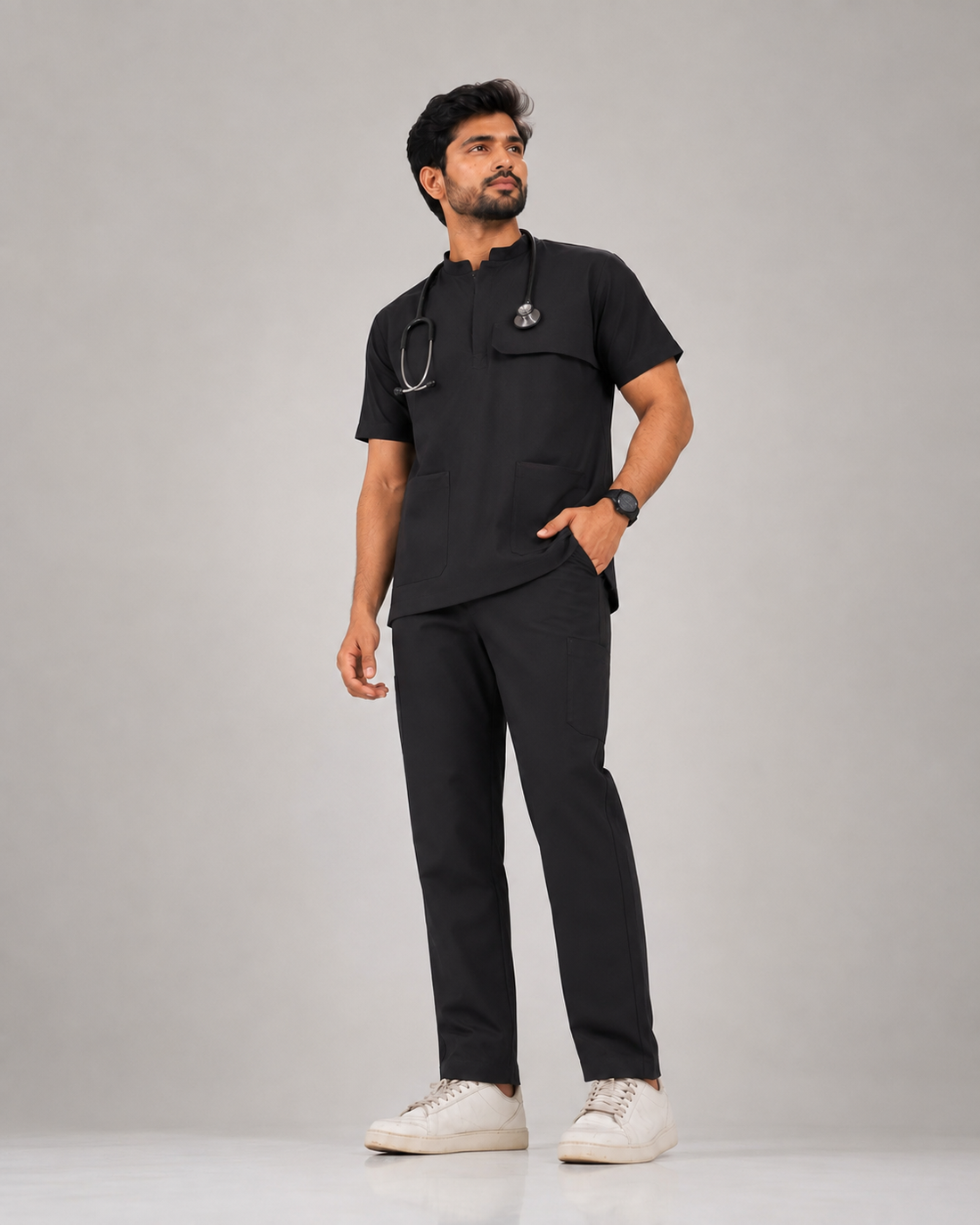 Cura Pro Men’s Mandarin Neck(2-Way Stretch) Scrub Black